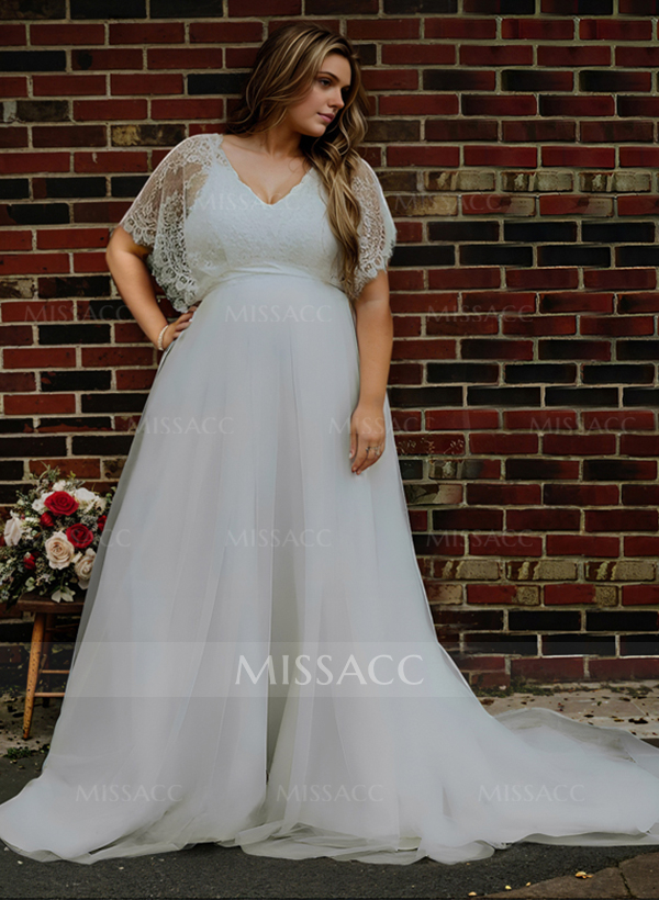 Boho Lace Wrap Plus Size A-Line Wedding Dresses With V-Neck