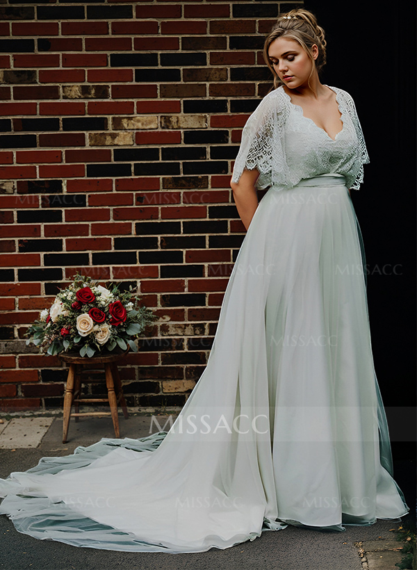 Boho Lace Wrap Plus Size A-Line Wedding Dresses With V-Neck