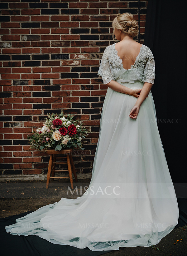 Boho Lace Wrap Plus Size A-Line Wedding Dresses With V-Neck