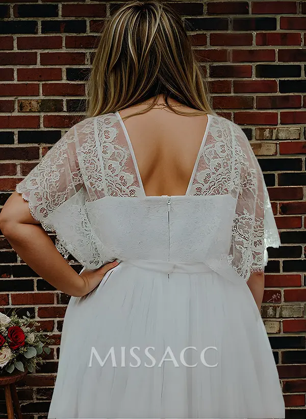 plus size boho lace dress Plus Size A Line Lace Appliqued Tulle V Neck Boho Wedding Dress for Br   Hebebridal