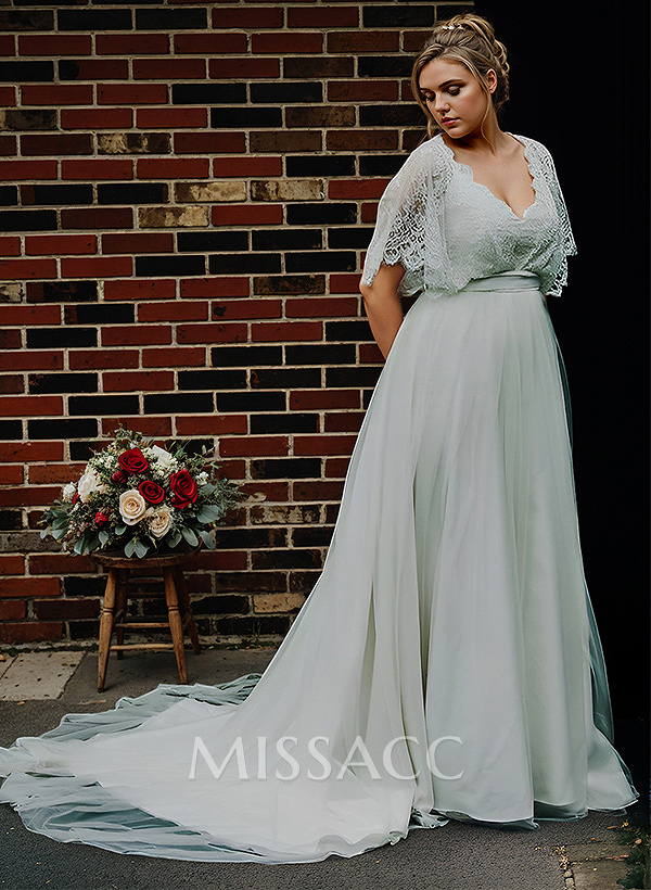 Boho Lace Wrap Plus Size A-Line Wedding Dresses With V-Neck