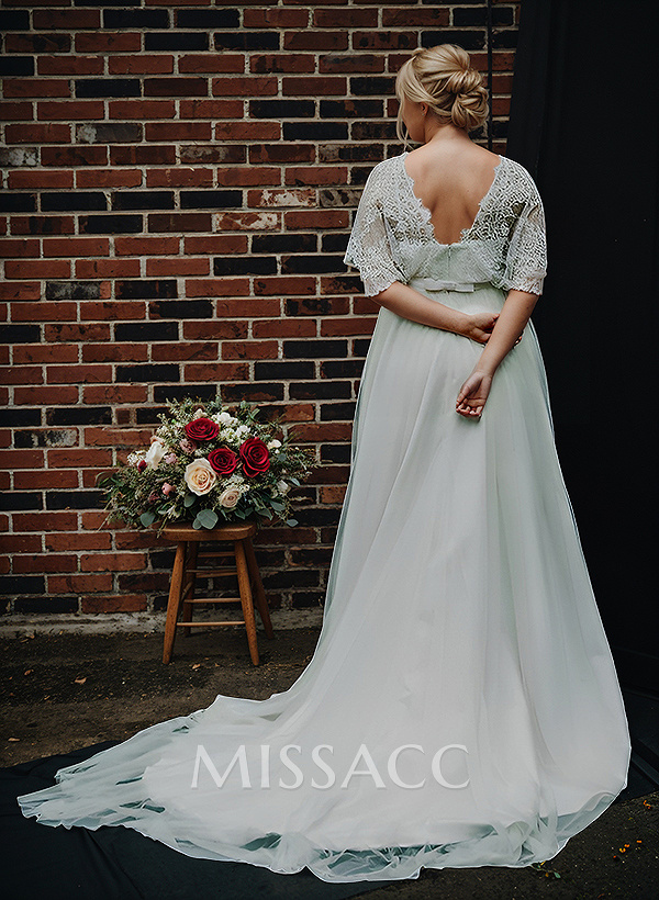 Boho Lace Wrap Plus Size A-Line Wedding Dresses With V-Neck