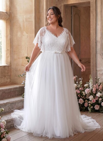 A-Line V-Neck Short Sleeves Court Train Lace/Tulle Wedding Dresses With Appliques Lace