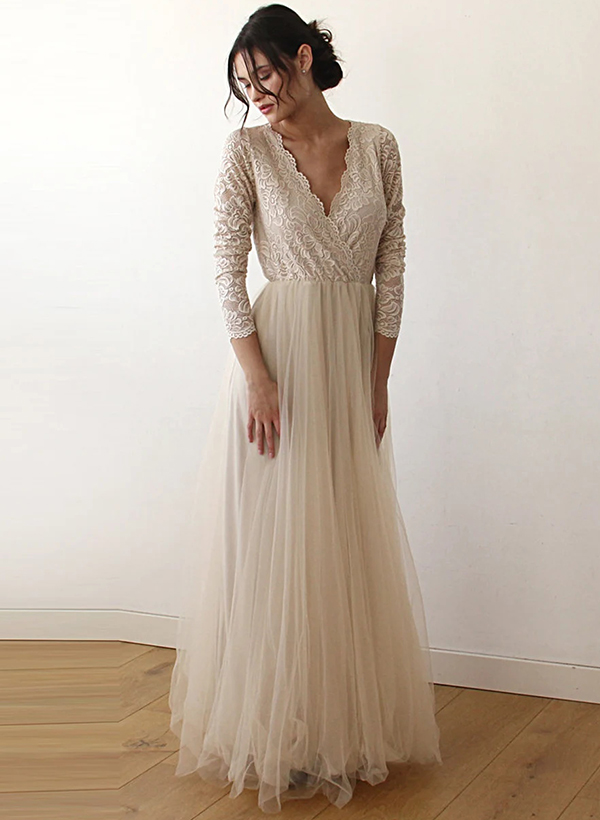 Boho Lace Tulle Sleeves Plus Size Wedding Dresses With A-Line V-Neck