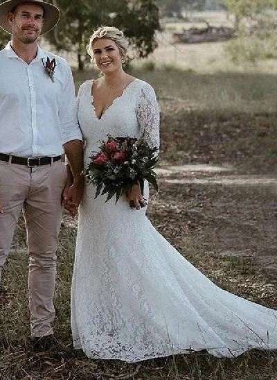 Plus Size Elegant Mermaid Lace Sleeves Wedding Dresses With V-Neck