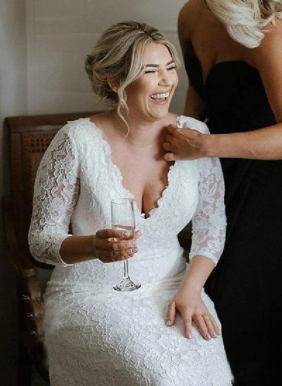 Plus Size Elegant Mermaid Lace Sleeves Wedding Dresses With V-Neck