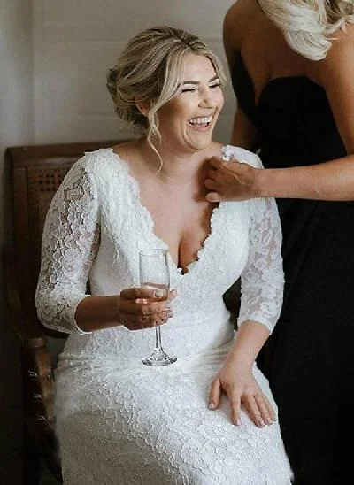 Plus Size Elegant Mermaid Lace Sleeves Wedding Dresses With V-Neck