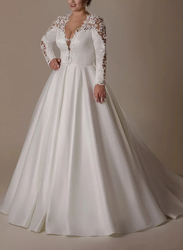 Plus Size Satin Ball-Gown Plunge Long Sleeves Wedding Dresses With ...