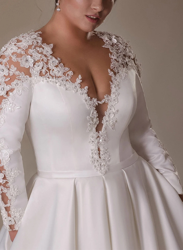 Plus Size Satin Ball-Gown Plunge Long Sleeves Wedding Dresses With Appliques Lace