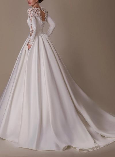 Plus Size Satin Ball-Gown Plunge Long Sleeves Wedding Dresses With Appliques Lace