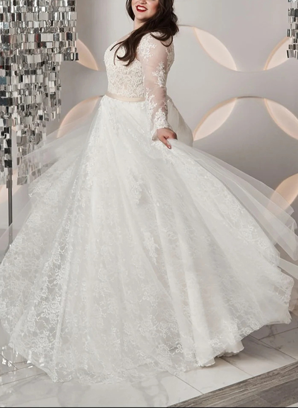 Plus Size Lace Long Sleeves A-Line Wedding Dresses With Illusion Neck