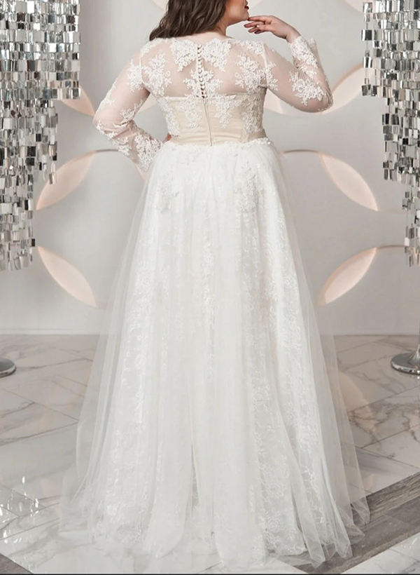 Plus Size Lace Long Sleeves A-Line Wedding Dresses With Illusion Neck