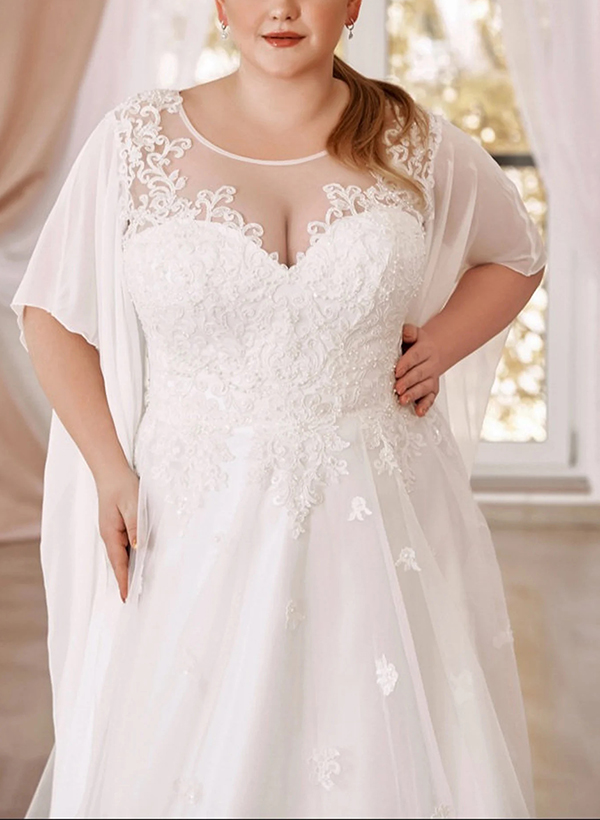 Plus Size Elegant Lace A-Line Wedding Dresses With Illusion Neck Short Sleeves