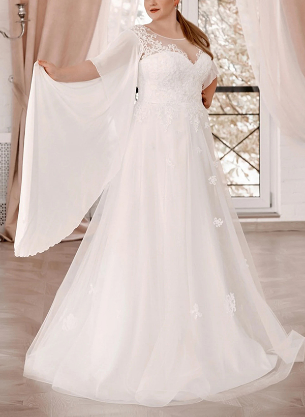 Plus Size Elegant Lace A-Line Wedding Dresses With Illusion Neck Short Sleeves