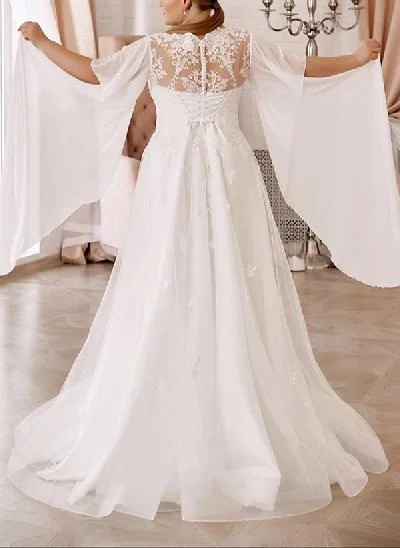 Plus Size Elegant Lace A-Line Wedding Dresses With Illusion Neck Short Sleeves