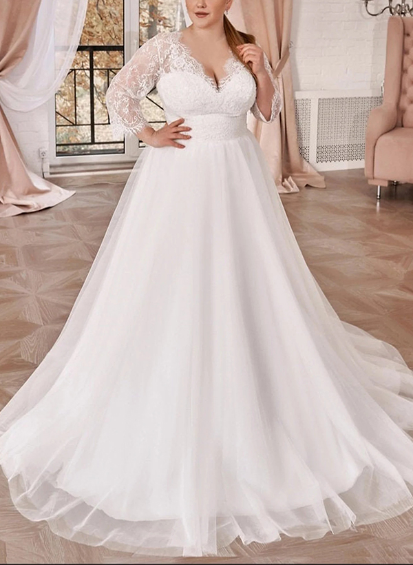 Curve Lace Plunge Sleeves Wedding Dresses With A-Line