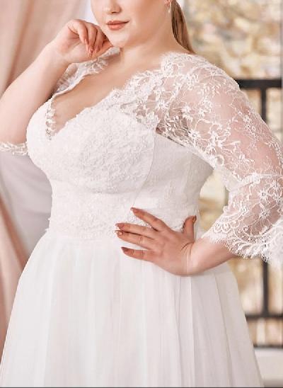 Curve Lace Plunge Sleeves Wedding Dresses With A-Line