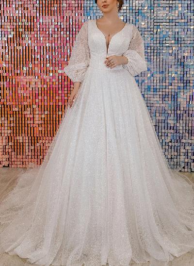 Sparkly Plus Size Ball Gown V-Neck Long Sleeves Wedding Dresses
