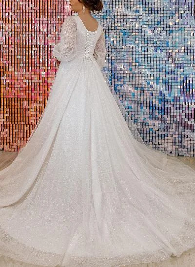 Sparkly Plus Size Ball Gown V-Neck Long Sleeves Wedding Dresses