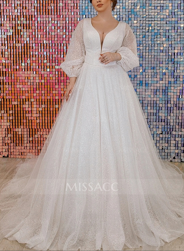 Sparkly Plus Size Ball Gown V-Neck Long Sleeves Wedding Dresses