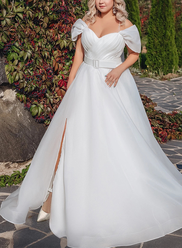 Modern Plus Size A-Line Organza Wedding Dresses With Split Front/Sash