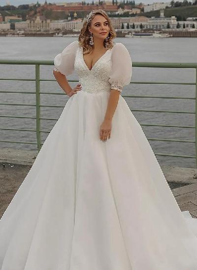 Boho Ball-Gown V-Neck Organza Wedding Dresses With Appliques Lace Sleeves