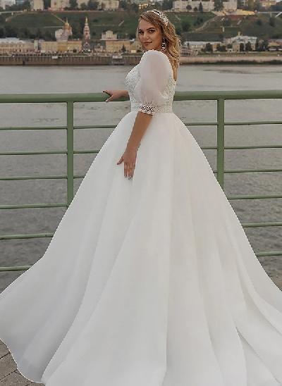 Boho Ball-Gown V-Neck Organza Wedding Dresses With Appliques Lace Sleeves