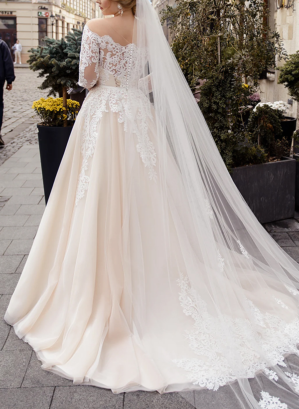 Ball Gown Off-The-Shoulder Long Sleeves Wedding Dresses With Boho Lace/Tulle