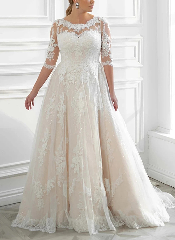 Plus Size Boho A-Line Illusion Neck Wedding Dresses With Lace/Tulle Sleeves