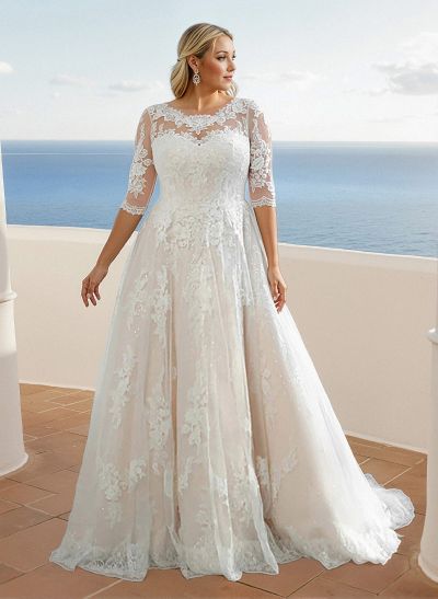 Plus Size Boho A-Line Illusion Neck Wedding Dresses With Lace/Tulle Sleeves