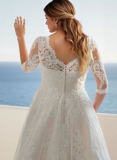 Plus Size Boho A-Line Illusion Neck Wedding Dresses With Lace/Tulle Sleeves