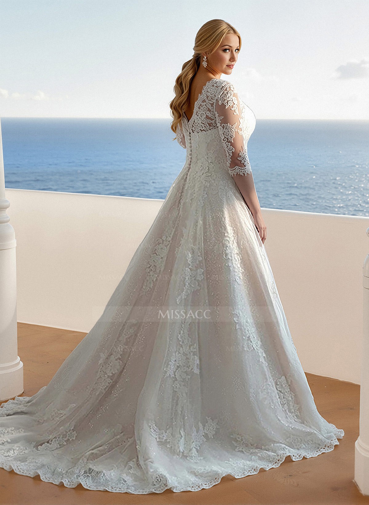 Plus Size Boho A-Line Illusion Neck Wedding Dresses With Lace/Tulle Sleeves