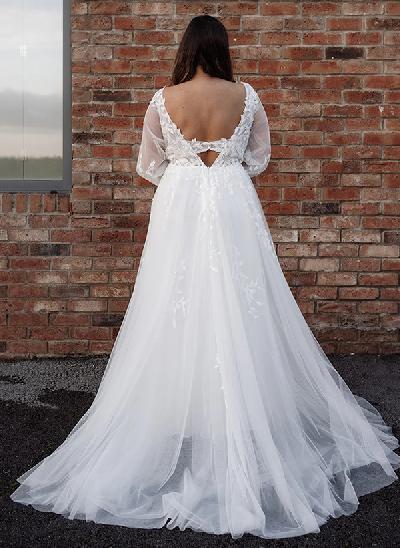Boho Plus Size A-Line Long Sleeves Lace Wedding Dresses With V-Neck Sweep Train
