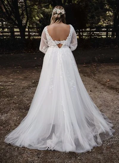 Boho Plus Size A-Line Long Sleeves Lace Wedding Dresses With V-Neck Sweep Train
