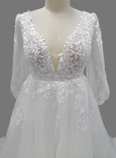 Boho Plus Size A-Line Long Sleeves Lace Wedding Dresses With V-Neck Sweep Train