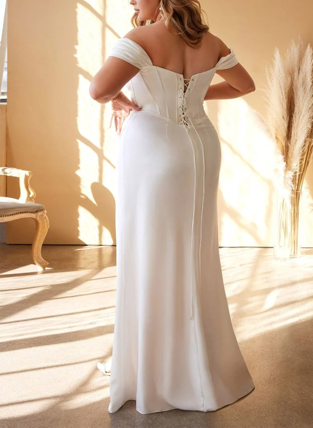 Sheath/Column Off-The-Shoulder Elastic Satin Wedding Dresses With Split Front