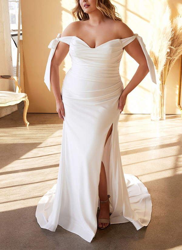 Plus Size Off-The-Shoulder Satin Wedding Dresses With Sheath/Column Split Front