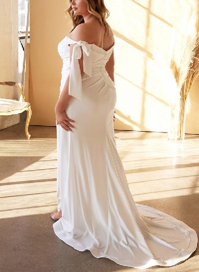 Plus Size Off-The-Shoulder Elastic Satin Wedding Dresses With Sheath/Column Split Front