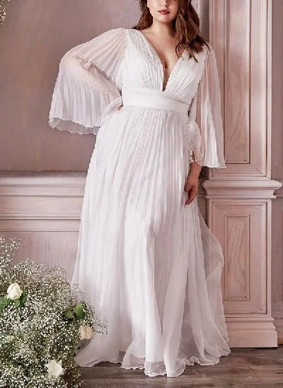 Plus Size Boho A-Line V-Neck Long Sleeves Pleated Wedding Dresses With Chiffon