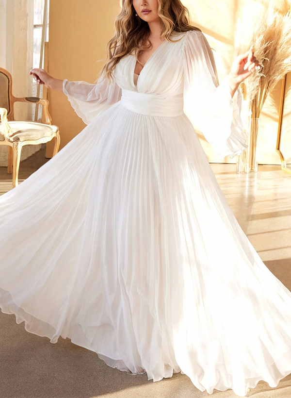 Plus Size Boho A-Line V-Neck Long Sleeves Pleated Wedding Dresses With Chiffon