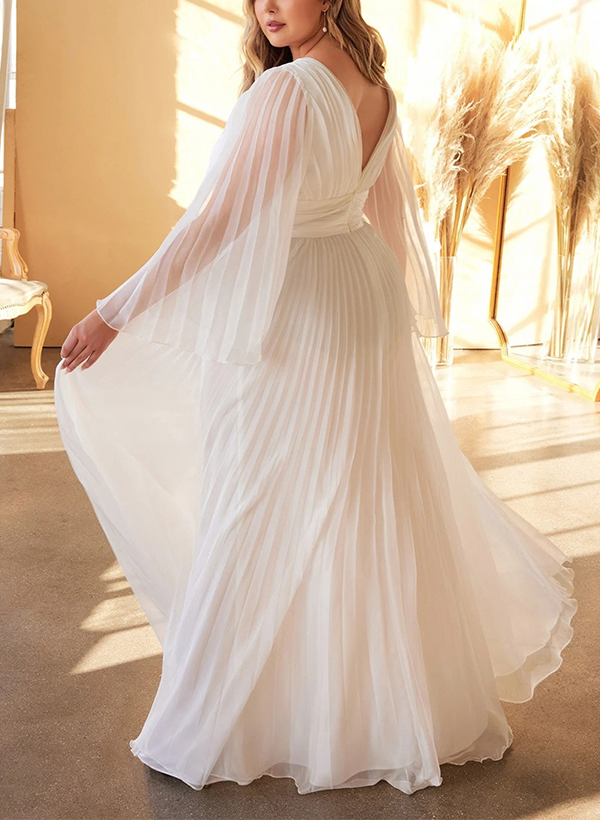Plus Size Boho A-Line V-Neck Long Sleeves Pleated Wedding Dresses With Chiffon