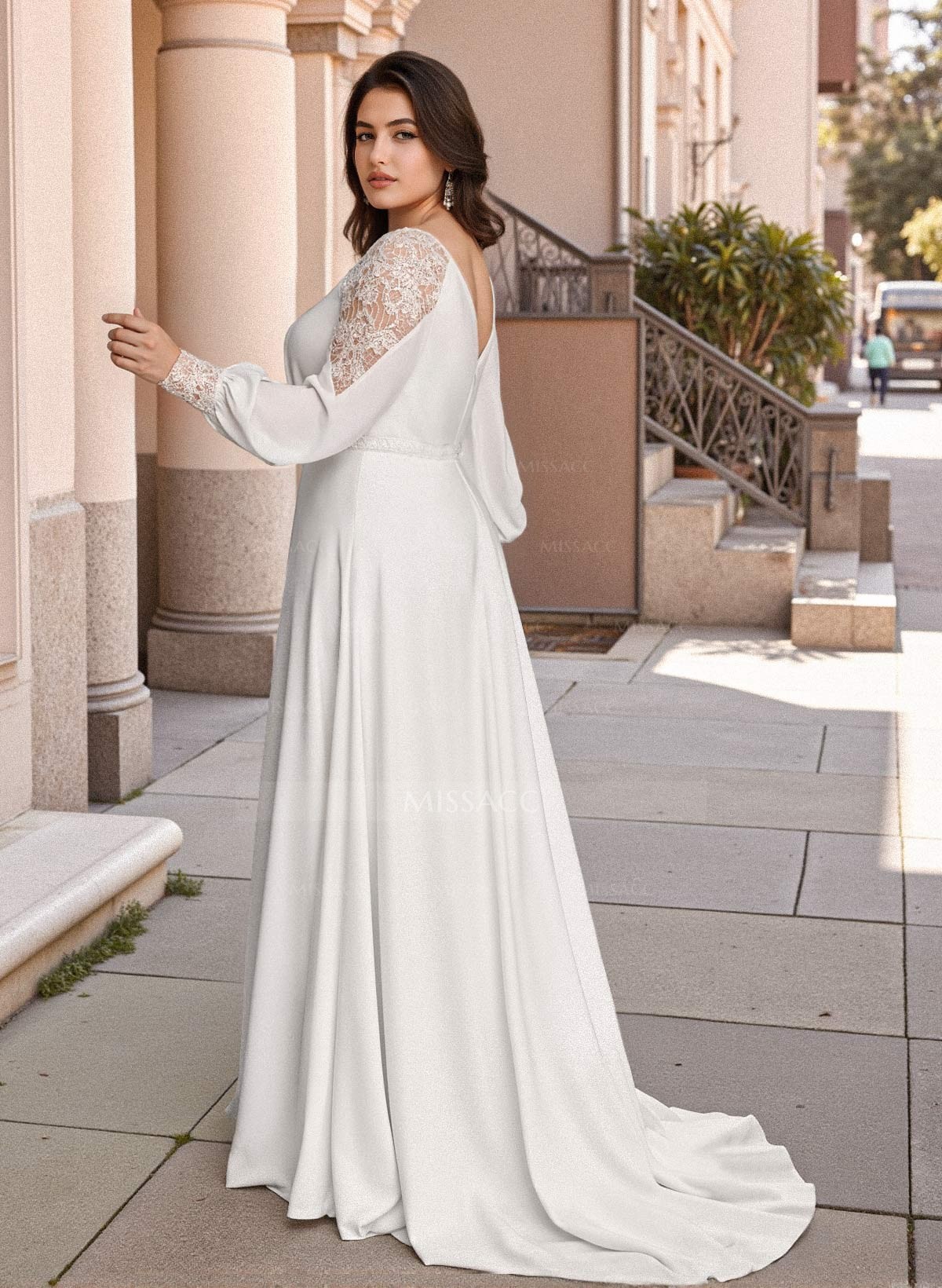 Boho A-Line V-Neck Long Sleeves Sweep Train Lace/Satin Wedding Dresses