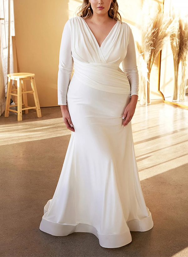 Plus Size Sheath/Column V-Neck Long Sleeves Wedding Dresses With Satin Cascading Ruffles