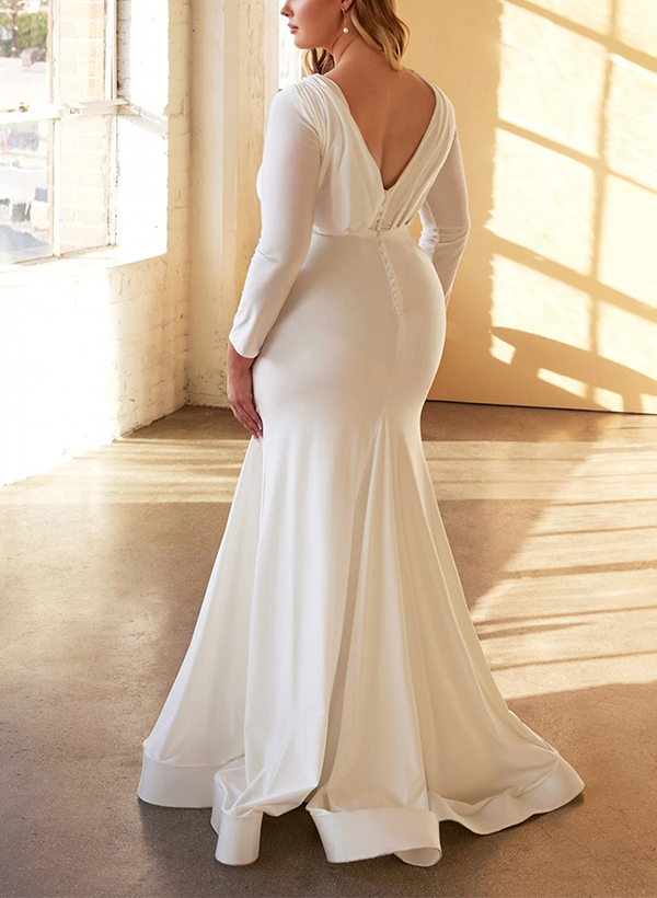 Plus Size Sheath/Column V-Neck Long Sleeves Wedding Dresses With Satin Cascading Ruffles