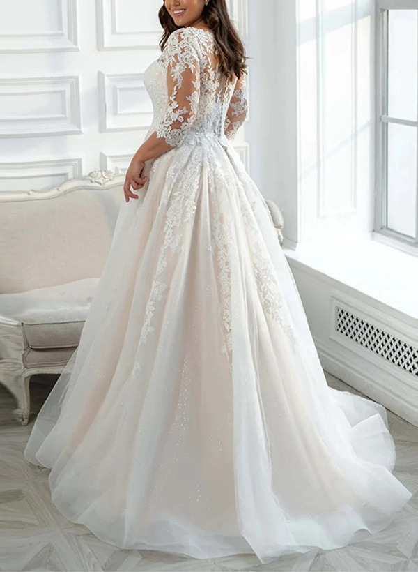 Elegant Plus Size A-Line Sleeves Lace/Tulle Wedding Dresses With Illusion Neck