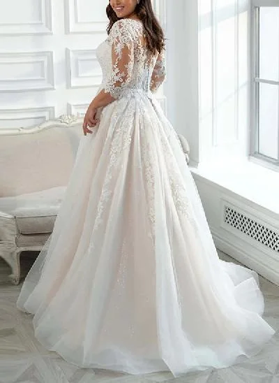 Elegant Plus Size A-Line Sleeves Lace/Tulle Wedding Dresses With Illusion Neck
