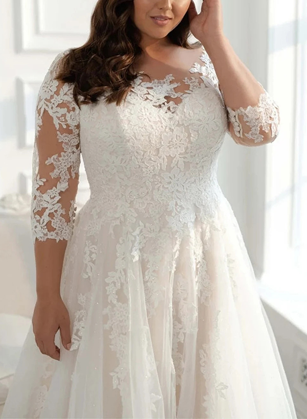 Elegant Plus Size A-Line Sleeves Lace/Tulle Wedding Dresses With Illusion Neck