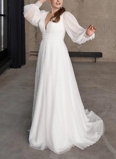 Boho Curve A-Line Long Sleeves Tulle Wedding Dresses With V-Neck