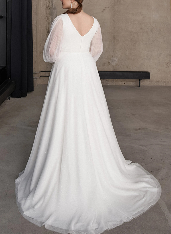 Boho Curve A-Line Long Sleeves Tulle Wedding Dresses With V-Neck