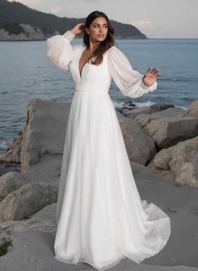 Boho Curve A-Line Long Sleeves Tulle Wedding Dresses With V-Neck